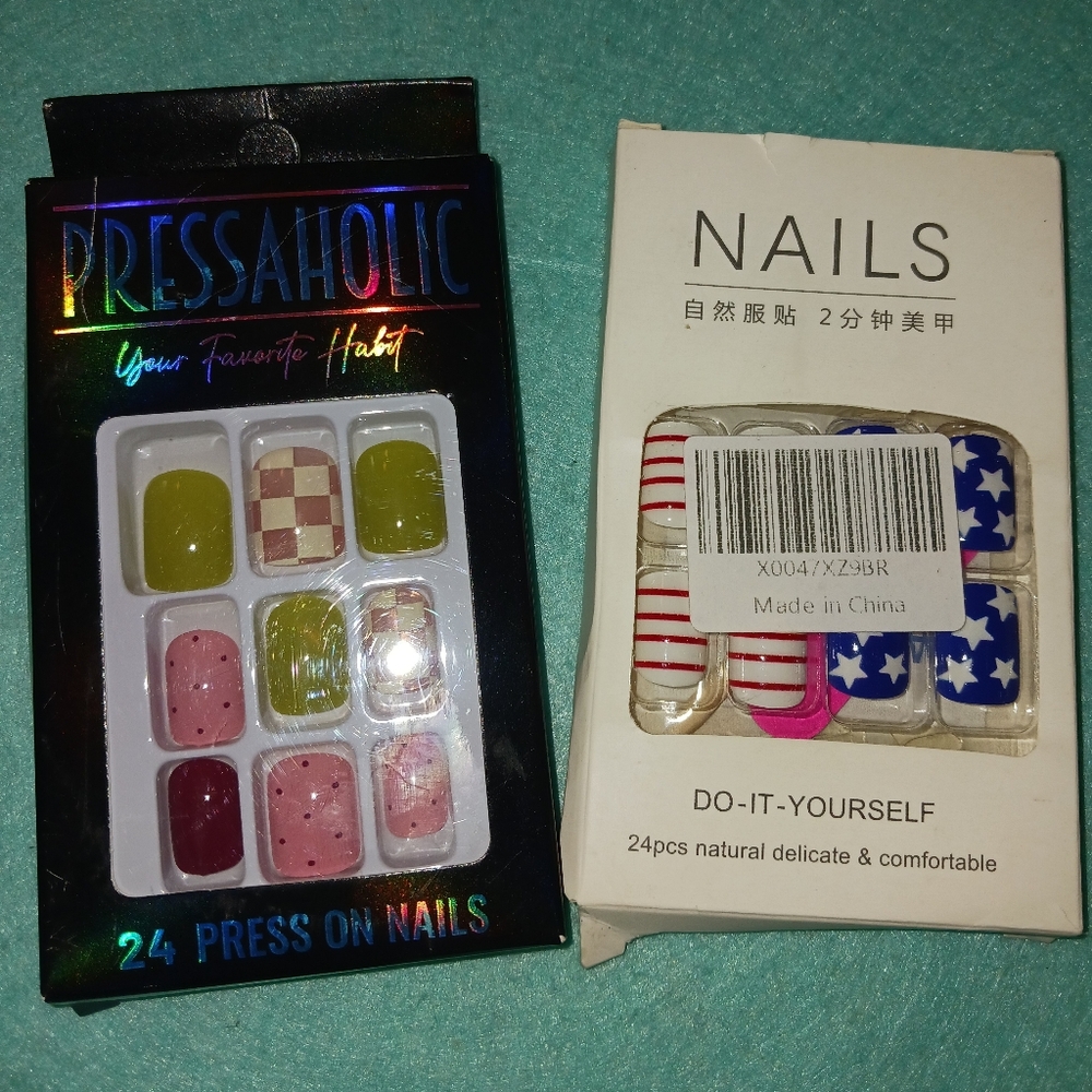 Fun PRESS-ON Nails! American Flag + Spring Tones Geomatric, 24 Each New